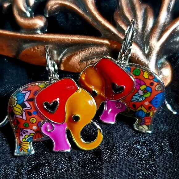 Enamel Elephant Earrings Red Ears, Orange Trunk - Picture 1 of 8